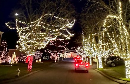 Trees wrapped in white Christmas lights along Riverside Drive at night.