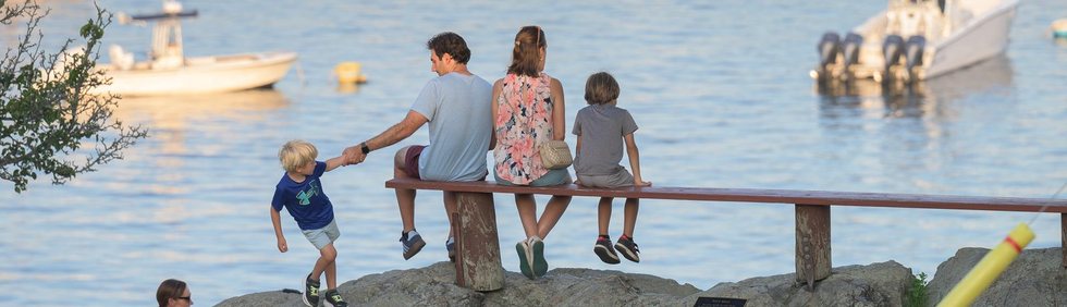 A family sits on a bench overlooking the harbor on a summer evening.
